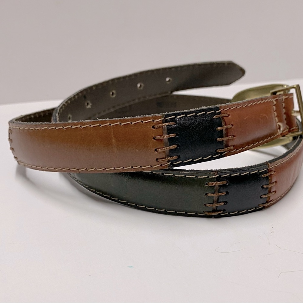 Fossil Leather Belt Color Block Patchwork Stitched Brown Red Green Sz M